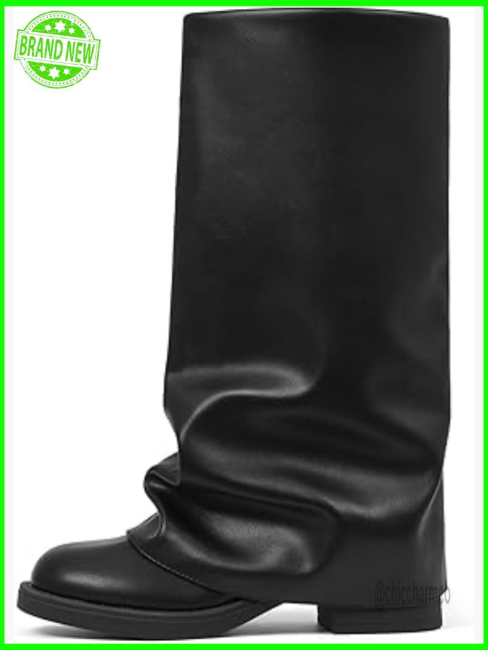 Fold Over Slouchy Wide Calf Platform Boots Round Toe Chunky Stacked Riding